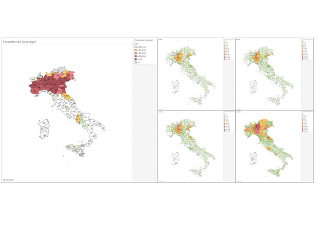 Trung bình vượt quá PM10 / số trạm giám sát tại các tỉnh của Ý được chọn trong giai đoạn 10 đến 29 tháng 2 năm 2020.
